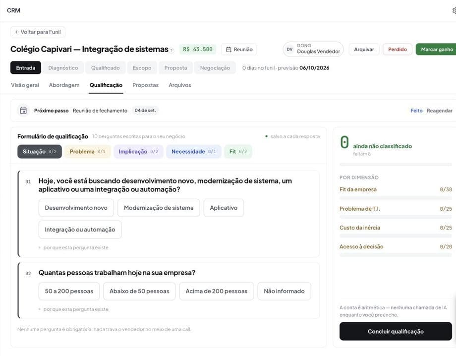 Formulário de qualificação, com o porquê de cada pergunta e a pontuação por dimensão